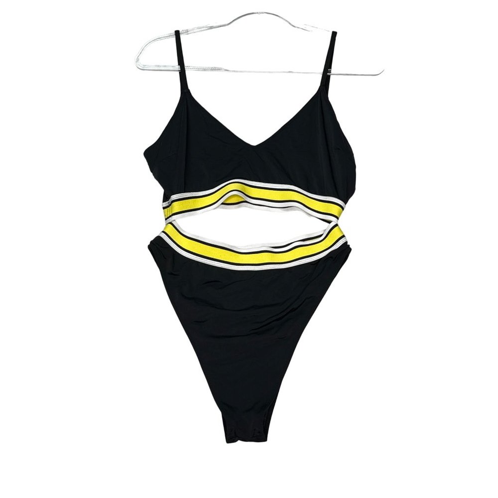 One Piece Swimsuit Black Yellow High Leg Elastic Waistband Swimwear Bathing Suit
